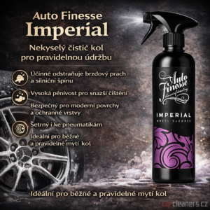 Auto Finesse Imperial Wheel Cleaner 500 ml je nekyselý pěnivý čistič kol a pneumatik. Účinně odstraňuje brzdový prach, silniční špínu a sůl a je vhodný pro pravidelnou údržbu disků.
