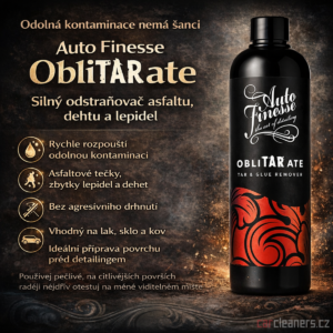 Auto Finesse ObliTARate Tar & Glue Remover 500 ml rychle odstraní asfalt, dehet a zbytky lepidel z laku a skla. Silný rozpouštědlový čistič pro dekontaminaci a přípravu auta na detailing.
