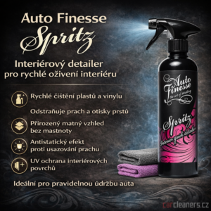 Auto Finesse Spritz Interior Detail Spray 500 ml rychle čistí interiérové plasty a vinyl, chrání před UV zářením, omezuje usazování prachu a zanechává přirozený matný vzhled.