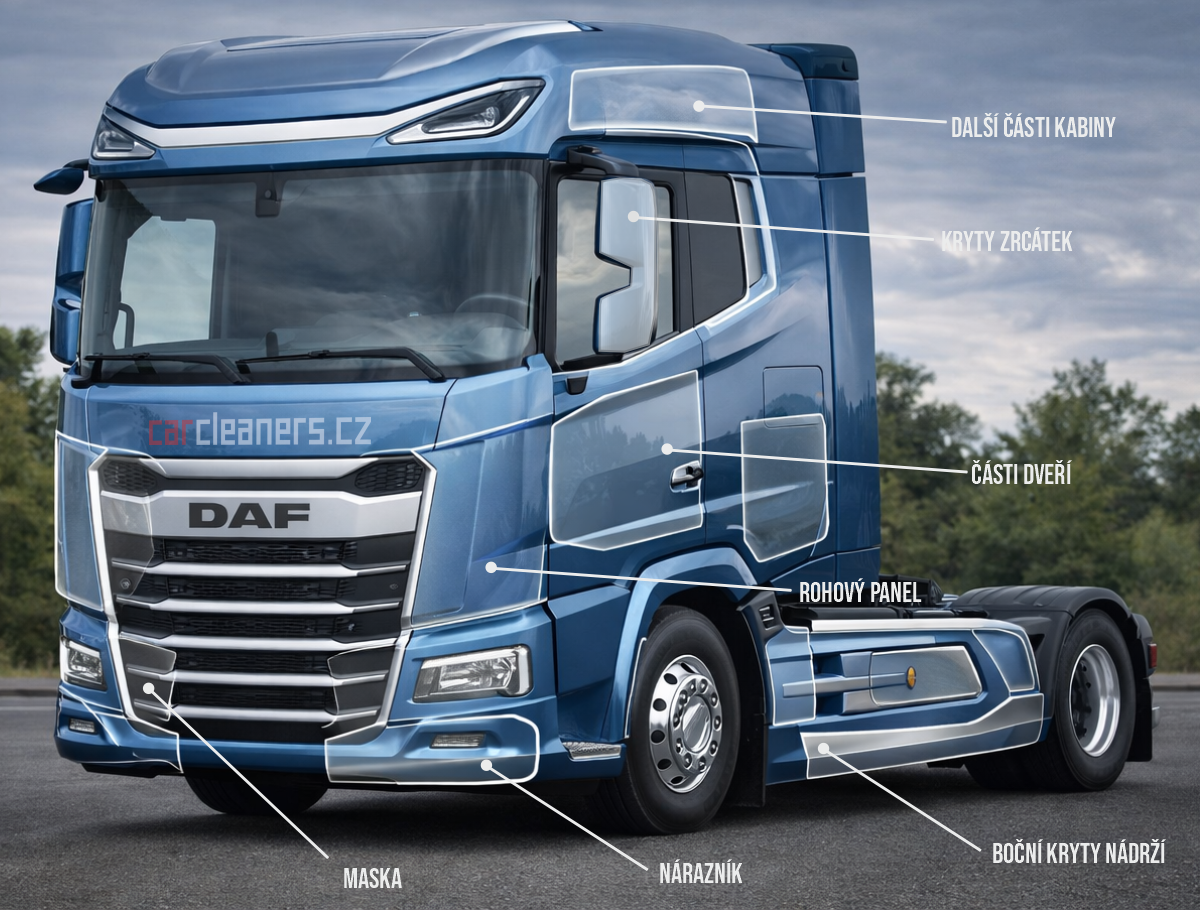 Kamion DAF XG s graficky vyznačenými místy pro aplikaci PPF ochranné autofólie na přední části, dveřích, zrcátkách a dalších namáhaných místech.